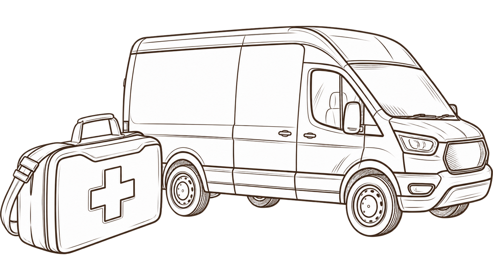 Illustration of a home-visit medical kit and van