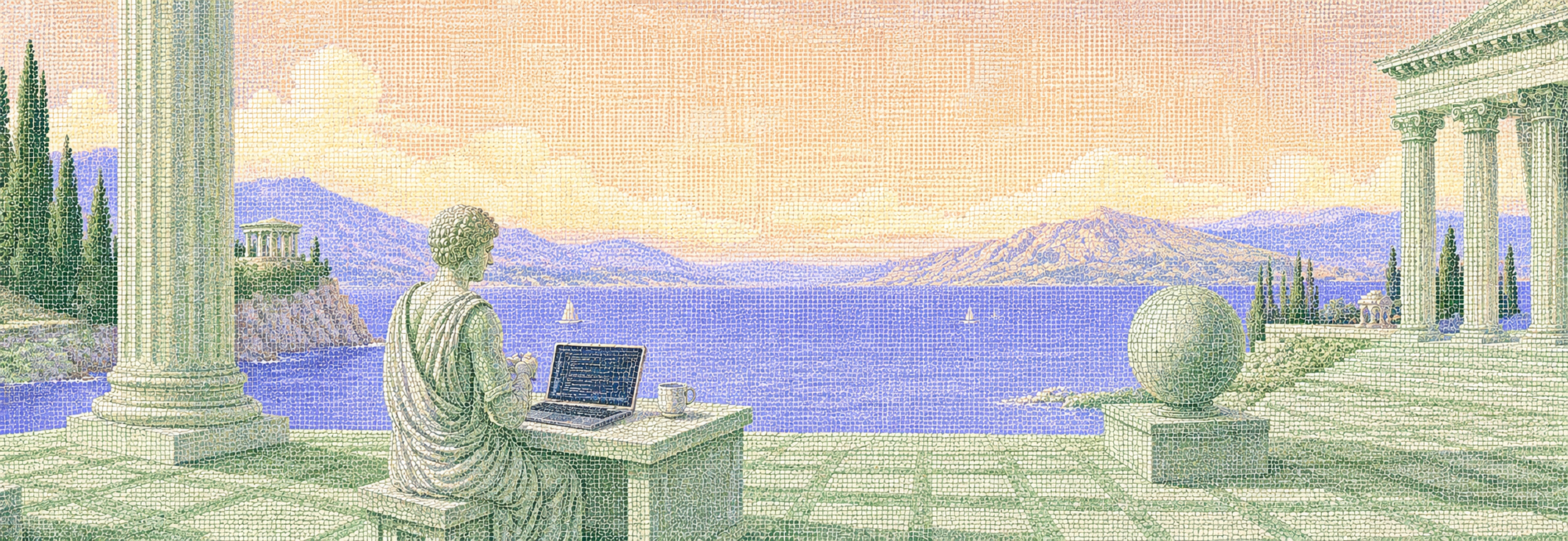 Wide shot of a designer's desk mid-project, laptop open to a website layout in progress